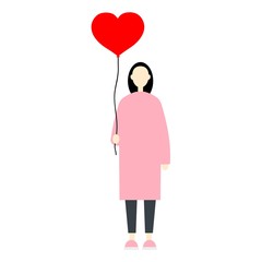 Female millenial character holding a red balloon heart. Saint Valentines Day
