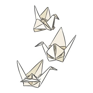 Origami paper swan doodles. Geometric birds sticker set
