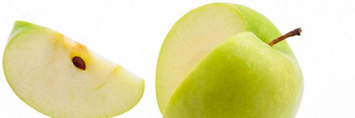 Green apple with a cut slice on a white background. Isolated.
