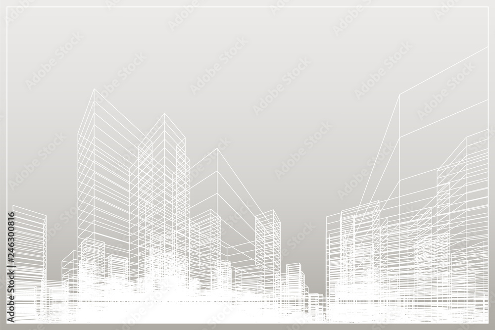 Poster abstract wireframe city background. perspective 3d render of building wireframe.