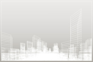 Fototapeta premium Abstract wireframe city background. Perspective 3D render of building wireframe.