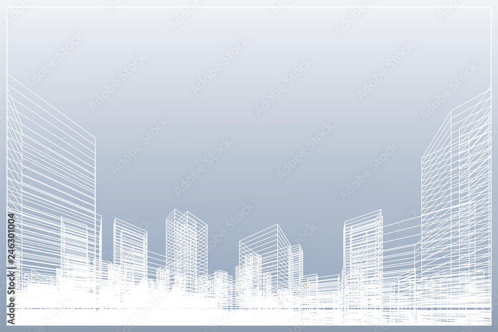 Poster abstract wireframe city background. perspective 3d render of building wireframe.