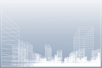 Fototapeta na wymiar Abstract wireframe city background. Perspective 3D render of building wireframe.