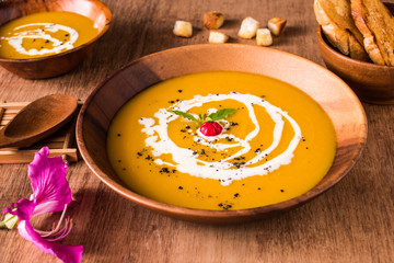 Pumpkin Soup NO.001: Pumpkin soup is a usually 'bound' soup made from a puree of pumpkin. It is made by combining the meat of a blended pumpkin with broth or stock.