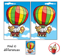 Two little mice are traveling in a hot air balloon. Find 10 differences. Educational game for children. Cartoon vector illustration