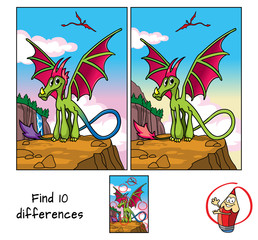 Funny green dragon. Find 10 differences. Educational matching game for children. Cartoon vector illustration
