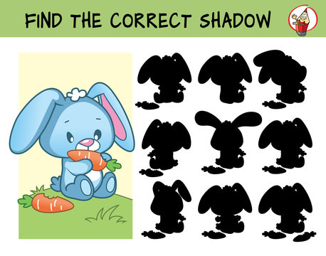 Funny little rabbit with carrot. Find the correct shadow. Educational matching game for children. Cartoon vector illustration