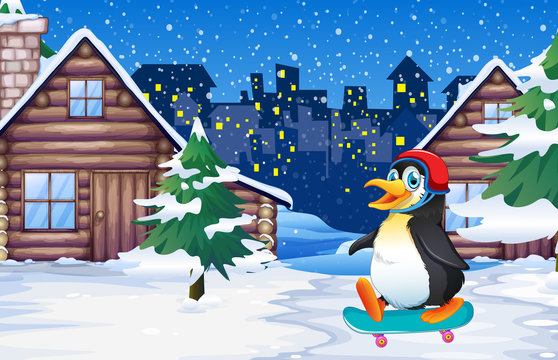 Penguin playing skateboard in winter