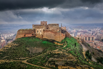 Fototapeta na wymiar Aerial view of Monzon fortress a former Templer knight castle with Arab origins in the Aragon region of Spain