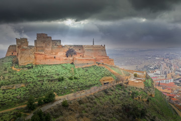 Fototapeta na wymiar Aerial view of Monzon fortress a former Templer knight castle with Arab origins in the Aragon region of Spain