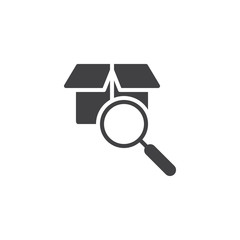 Parcel search vector icon. filled flat sign for mobile concept and web design. Magnifying glass and cardboard box simple solid icon. Symbol, logo illustration. Pixel perfect vector graphics