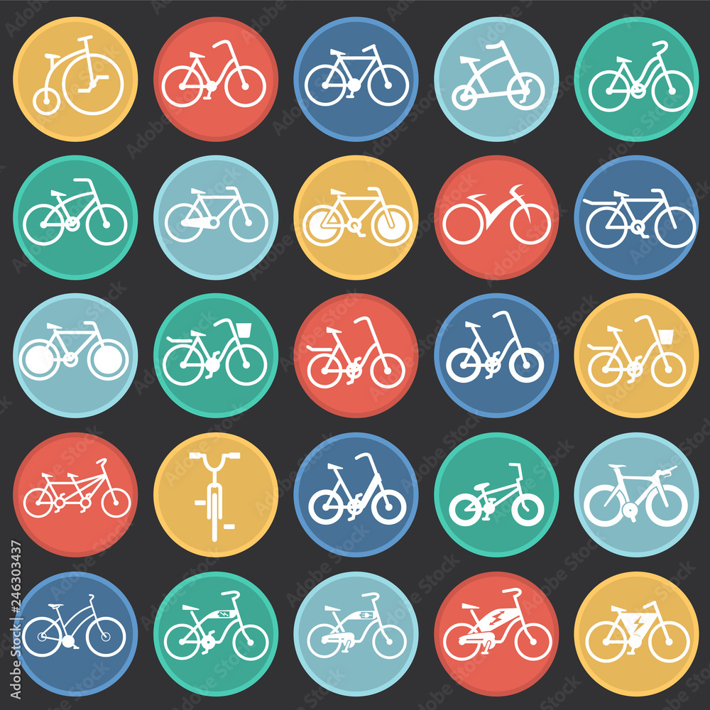 Poster bicycle icons set on color circles black background for graphic and web design, modern simple vector