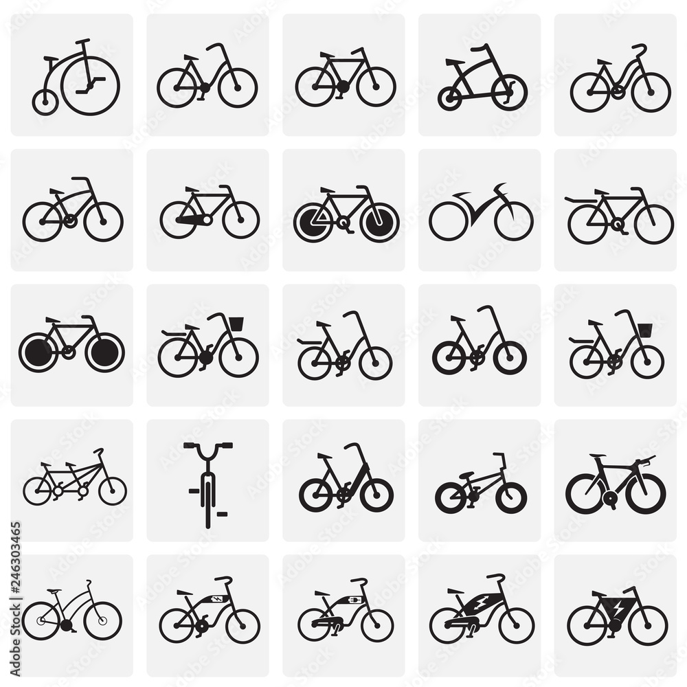 Poster bicycle icons set on squares background for graphic and web design, modern simple vector sign. inter