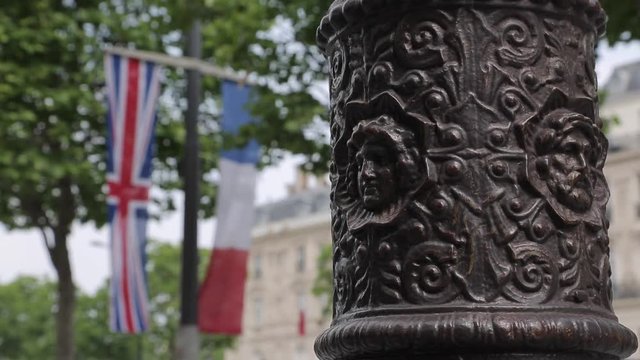 French and British Flags on Avenue des Champs Elysees, Paris, France, Europe 