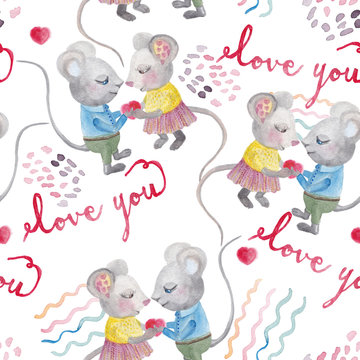 Watercolor painting seamless pattern with little mice in love