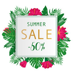 Fototapeta na wymiar Summer sale banner with tropical leaves and flowers background, exotic floral design for banner, poster, flyer, web site, greeting card or invitation.