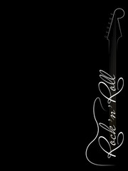 Abstract musical logo. Black and white music background. Guitar and inscription rock'n'roll on black background. Design of invitation to party, disco, music banner, flyer, cover. Vector illustration