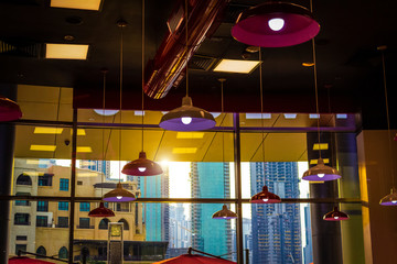 Hanging ceiling lamps in a roadside cafe.