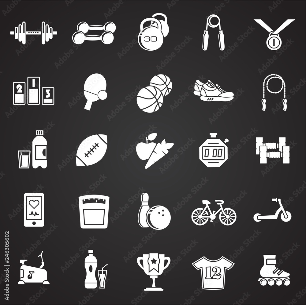 Poster healthy life icons set on black background for graphic and web design, modern simple vector sign. in