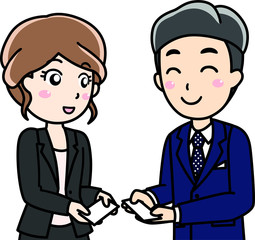 男性女性会社員-笑顔で名刺交換