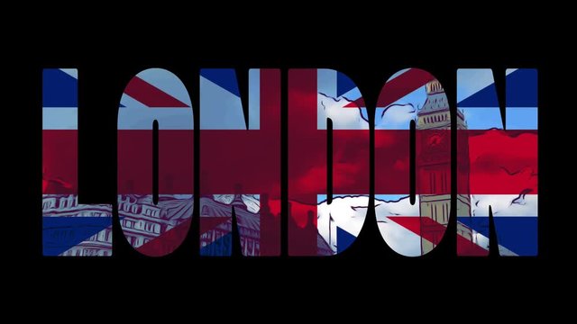Graphic of London with Big Ben and Flag.