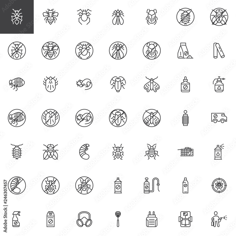 Poster pest control line icons set. linear style symbols collection, outline signs pack. vector graphics. s