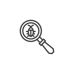 Bug search line icon. linear style sign for mobile concept and web design. Insect and magnifier glass outline vector icon. Pest control symbol, logo illustration. Pixel perfect vector graphics
