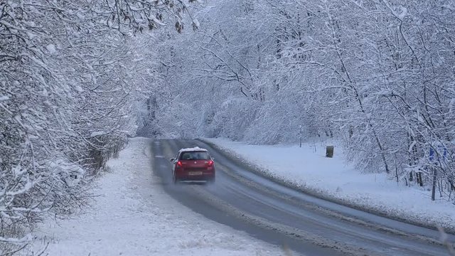 Snow Scene on A6 Buxton to Matlock, Peak District National Park, Derbyshire, England, UK 