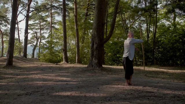 White man martial artist practicing his routine with a staff in a forest near the sea.