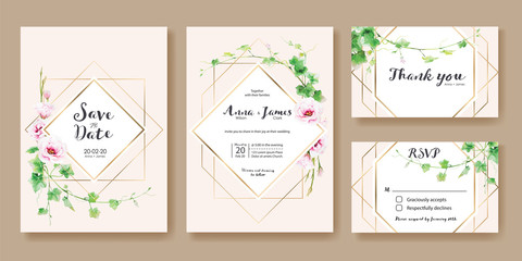 Wedding Invitation, save the date, thank you, rsvp card Design template. Vector. Greenery Ivy,  Pink Lisianthus flower.