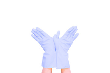Two hands in blue gloves show gesture of the bird on white isolated background