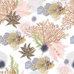 Watercolor painting seamless sea pattern with flowers, fish, corals,seastar, seaweed