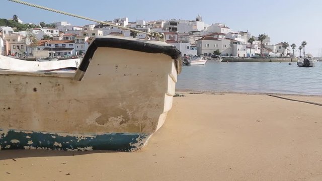 View of Town and Boats on Beach, Ferragudo, Algarve, Portugal, Europe 