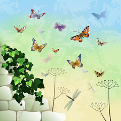 Stone wall with ivy and butterflies.
Vector background. Colorful butterflies on an abstract background. Illustration, EPS-10.