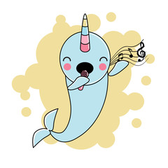 Cute singing Narwhal on yellow Background