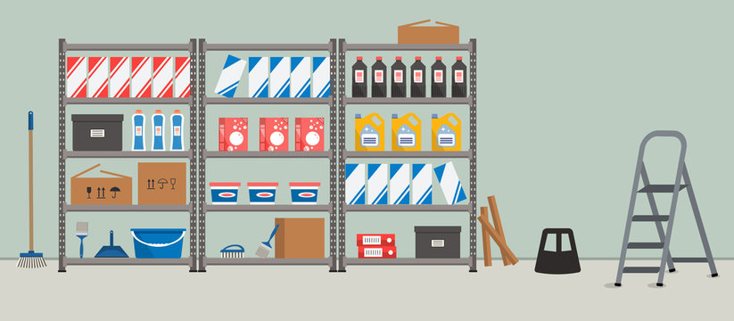 Storeroom. Shelving with household goods. Warehouse racks. There are cardboard boxes, bucket, brushes, bottles, step ladder and other things in the picture. Vector illustration