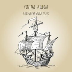Old caravel, vintage sailboat. Hand drawn sketch. Detail of the old geographical or fanasy maps of sea.