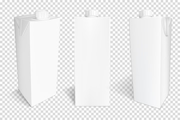 White cardboard package set for beverage, juice and milk, isolated.	