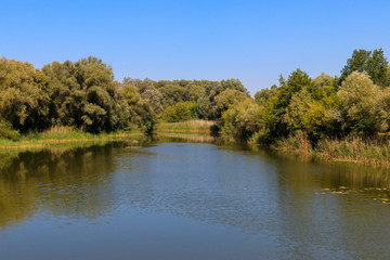 Fototapeta na wymiar View on the Khorol river in Myrhorod, Ukraine