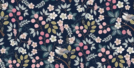  Vectorillustratie van een naadloze bloemmotief met schattige vogels in het voorjaar voor bruiloft, jubileum, verjaardag en feest. Ontwerp voor spandoek, poster, kaart, uitnodiging en plakboek © Jung Suk hyun