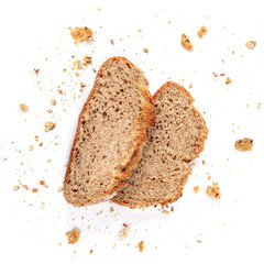Bread toasts  isolated on  white background. Crumbs and Bread slices close up. Bakery, food...