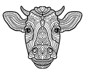 Naklejka premium Adult coloring page cow. Zen art style. Zoo animal ethnic tribal african print suits as tattoo, logo template, decoration, coloring book sketch, Collection of animals.