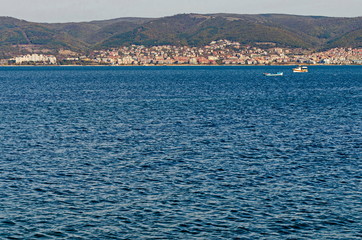 Seascape  of shore resort on the  Black Sea near by town Nessebar toward  Sveti Vlas and mountain Balkan, Bulgaria, Europe   