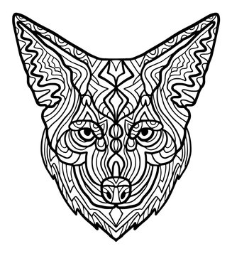 Wild beautiful coyote head hand draw on a white background. Zoo animal ethnic tribal african print suits as tattoo, logo template, decoration, coloring book sketch, Collection of animals.