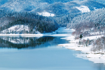     Croatian nature landscape, beautiful winter panorama of Lokvarsko lake and woods under snow in Gorski kotar and Risnjak mountain in background 