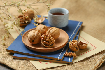 Walnuts in wood vintage plate