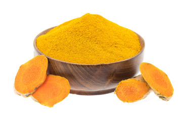 Turmeric powder and roots isolated on white background,  asian herb for medication