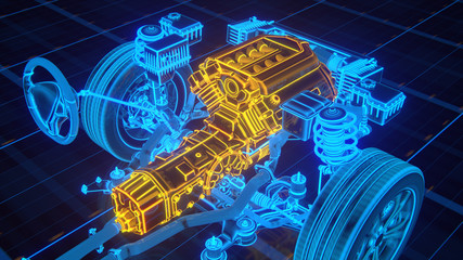Working Car Internal Combustion Engine Scheme with chassis and wheels 3d render