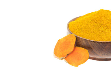Turmeric powder and roots isolated on white background,  asian herb for medication