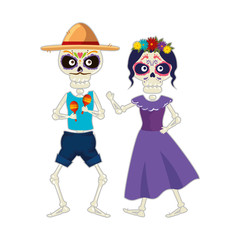 skeleton of katrina and mariachi playing maracas